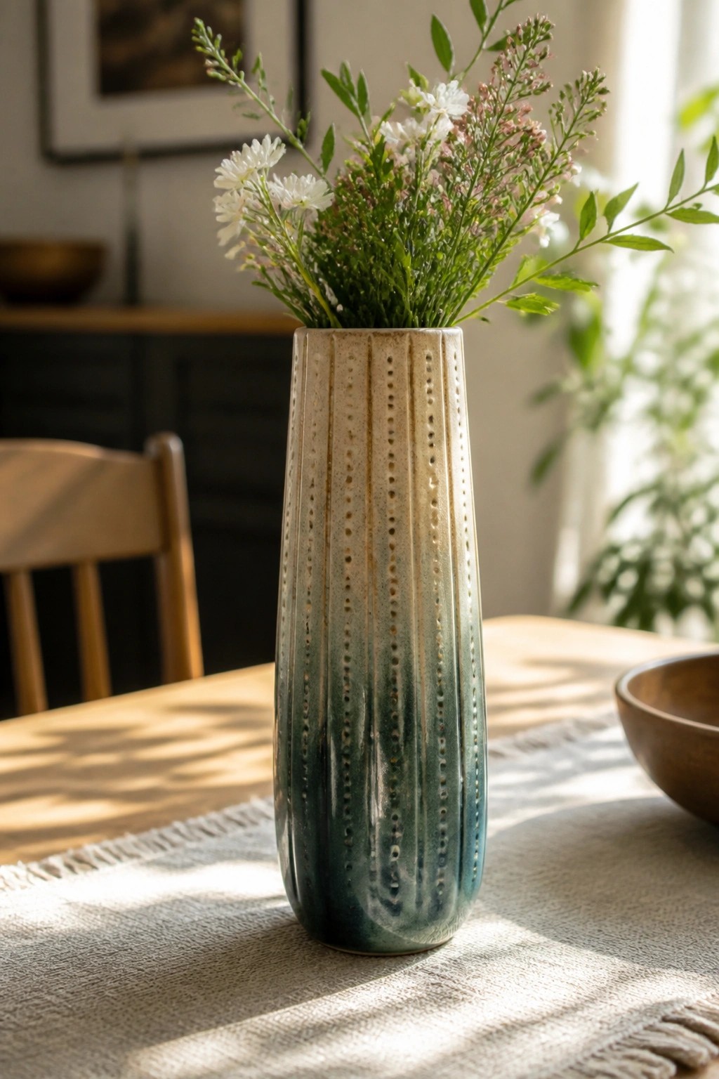 Tall blue-green ceramic vase with dotted texture holding white and pink flowers on table