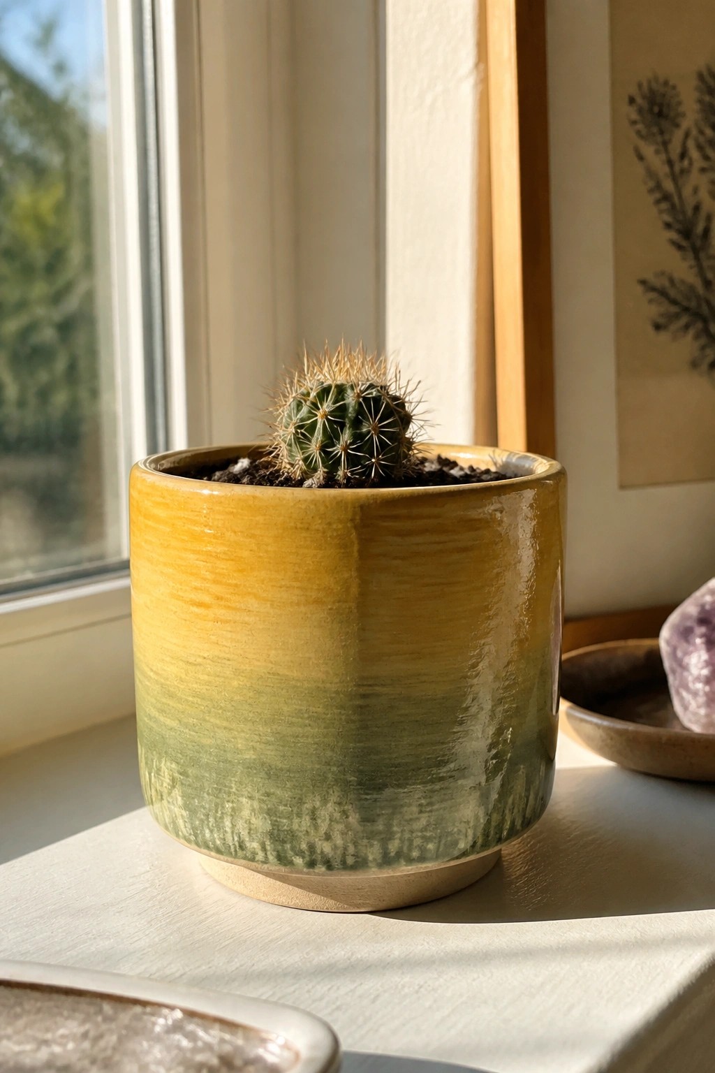 Small cactus in a glazed yellow-to-green ceramic pot on a sunny windowsill