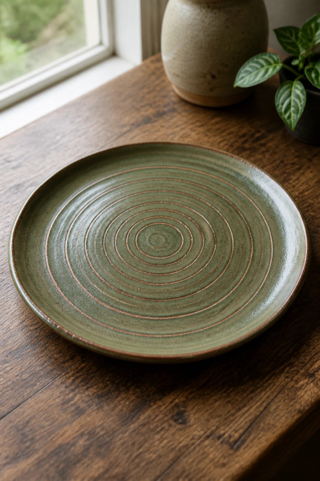 Green ceramic plate with concentric copper lines on wooden table near vase and plant.