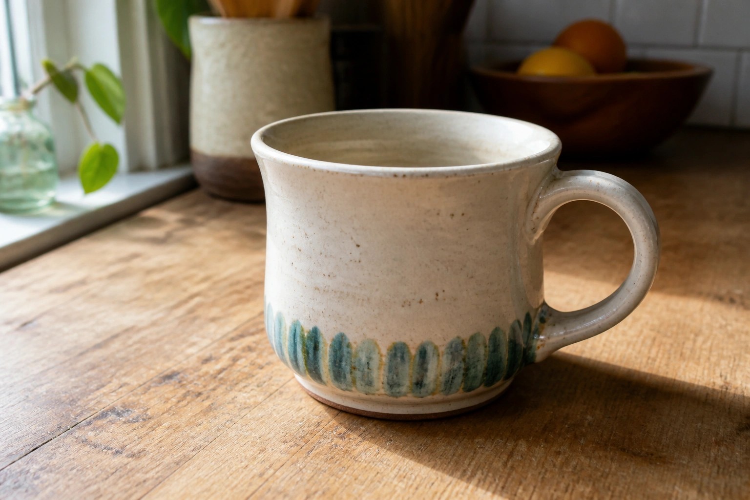 Speckled cream ceramic mug with teal dashes on wooden table by window.