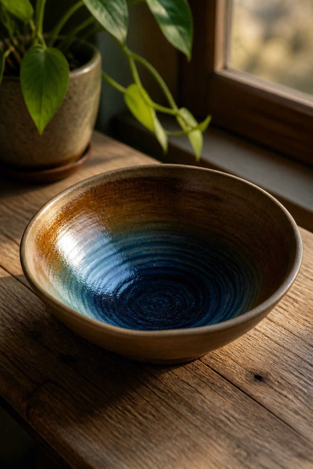 Ceramic bowl with blue swirled interior and brown rim on wooden table near plant