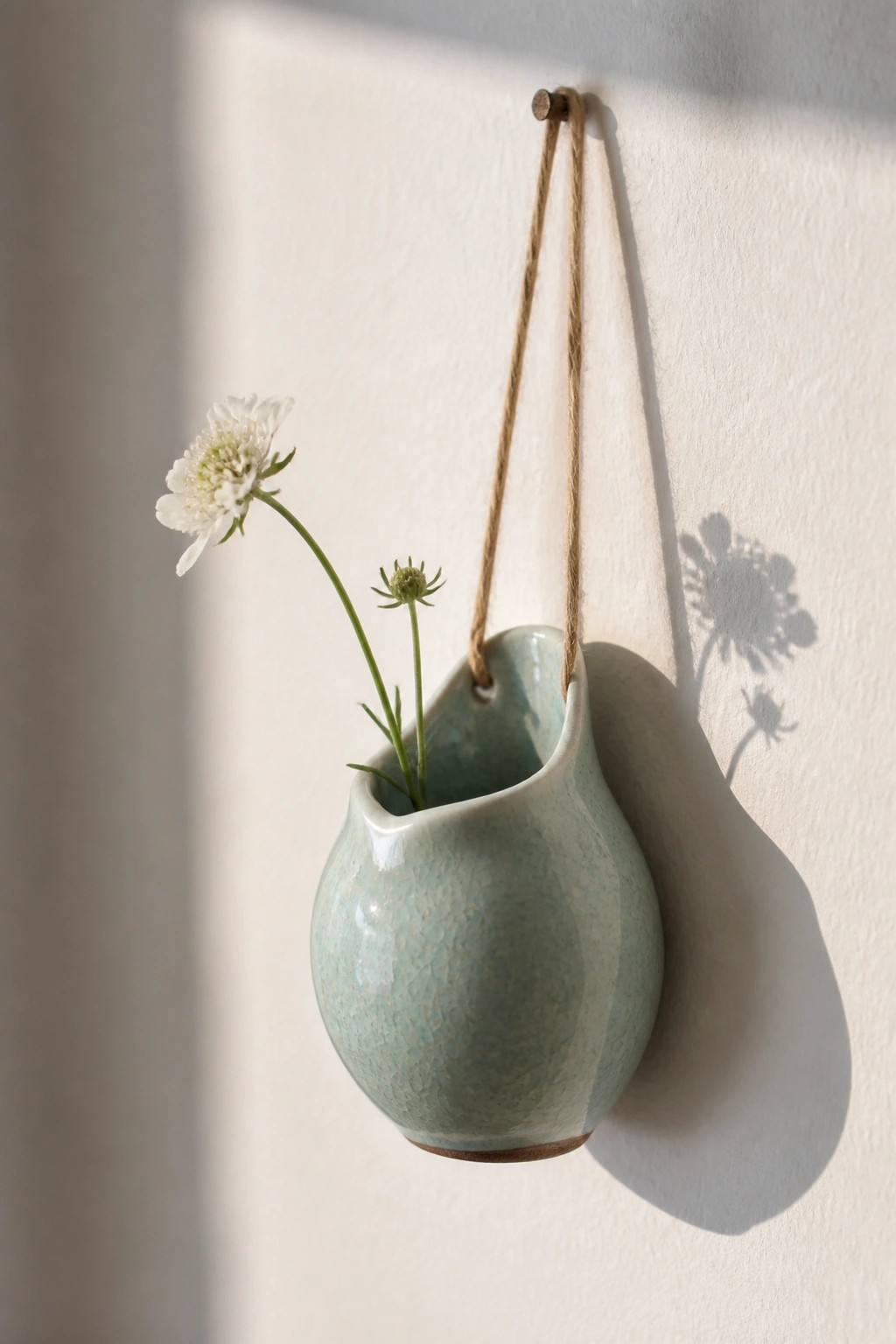 Hanging light blue crackled ceramic vase with white flower on white wall.