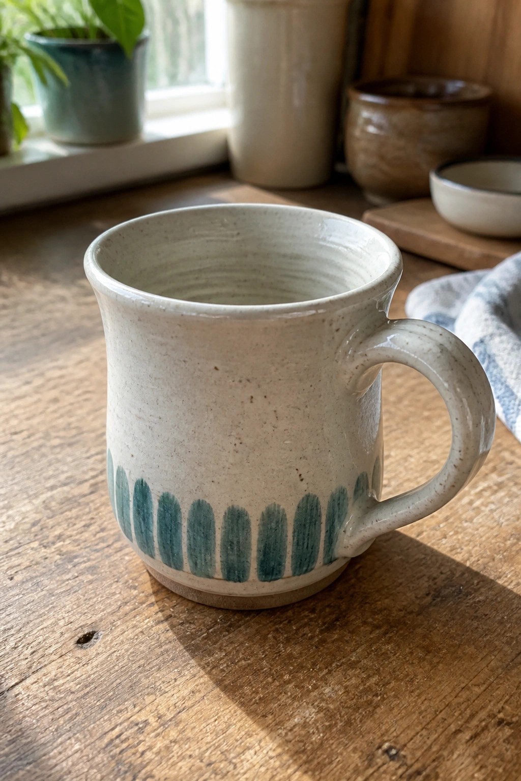 Speckled cream ceramic mug with teal dashes on wooden table by window.
