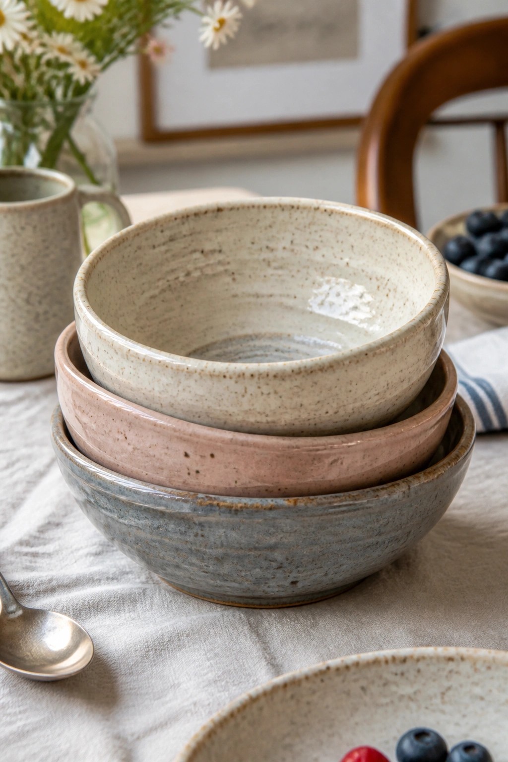 Stacked speckled bowls in beige, pink, and blue beside daisies and blueberries.