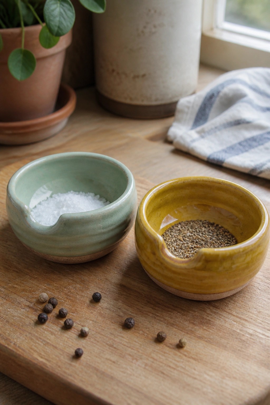 Ceramic bowls of salt and pepper on wooden table with scattered peppercorns.