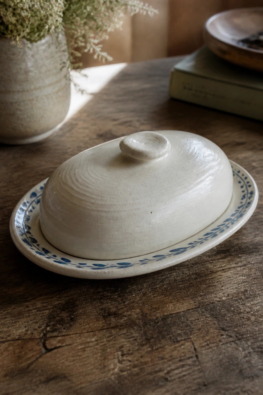 White ceramic lidded dish on blue floral plate atop wooden table