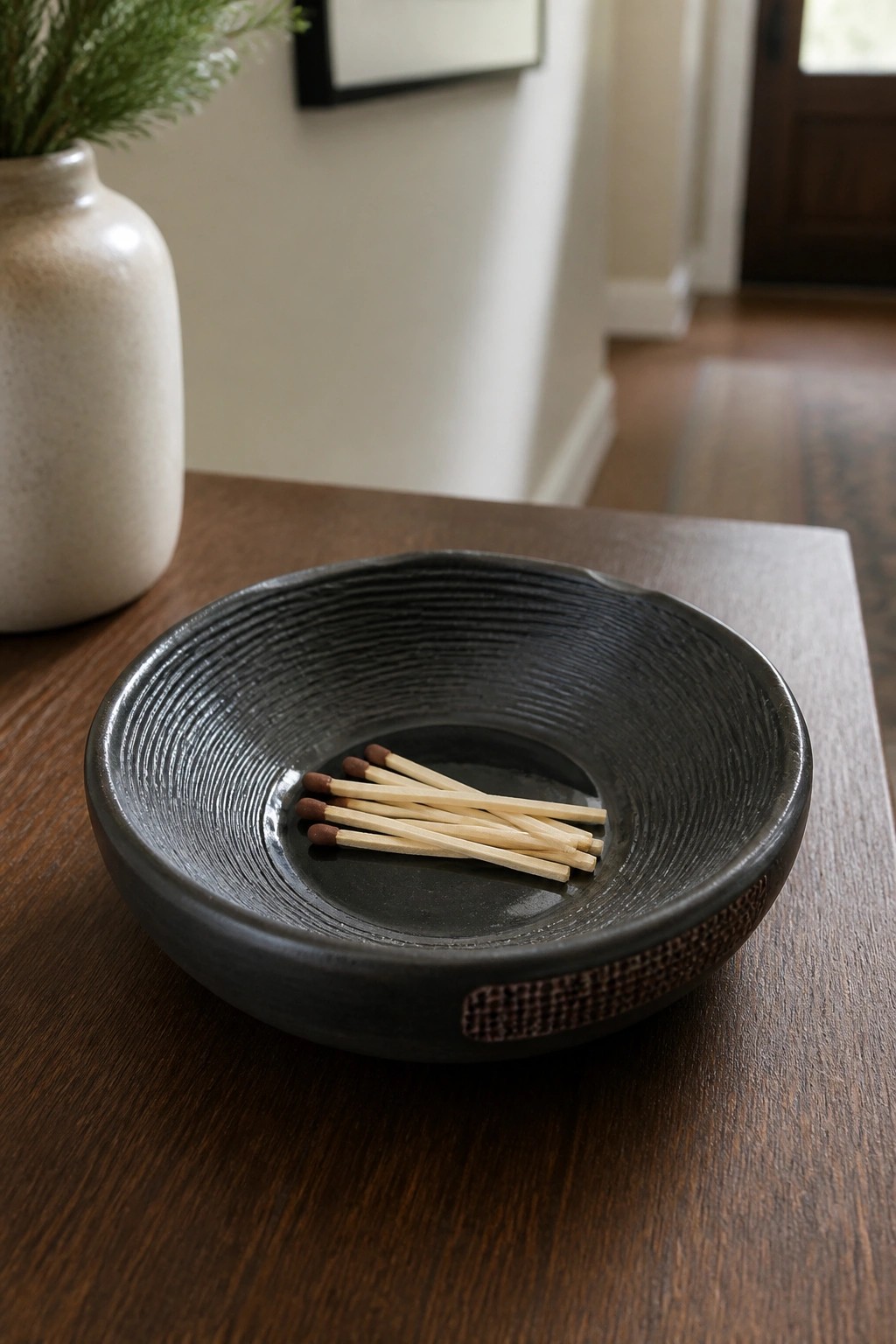 Dark ribbed bowl with matches on wooden table beside white vase.