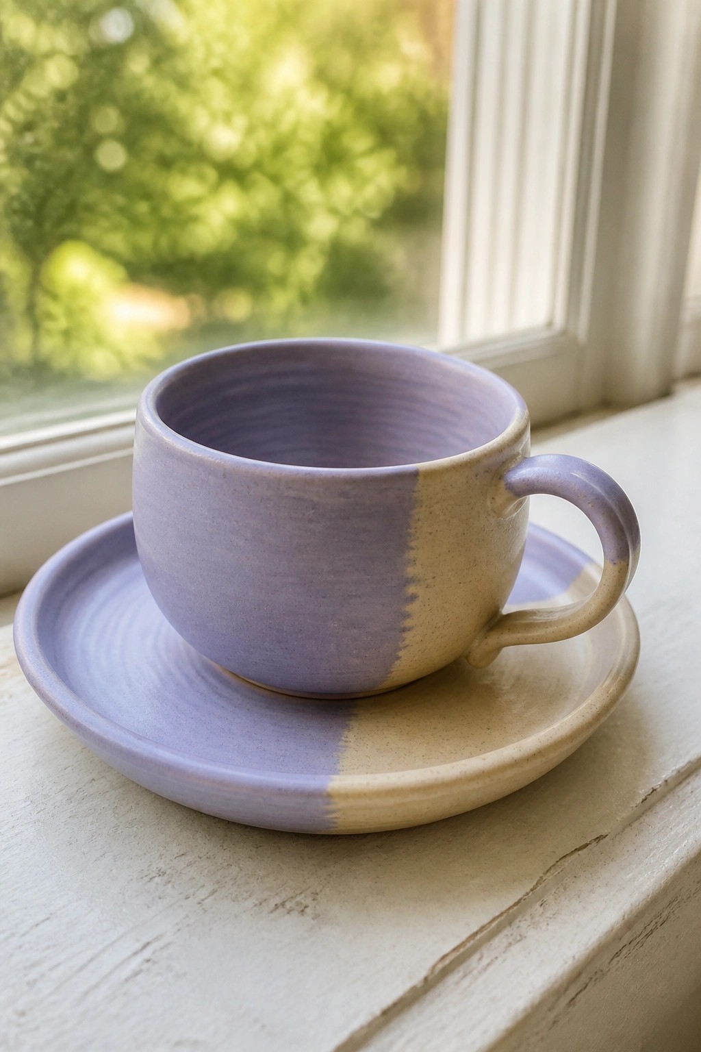Purple and beige ceramic cup with handle on matching saucer by window