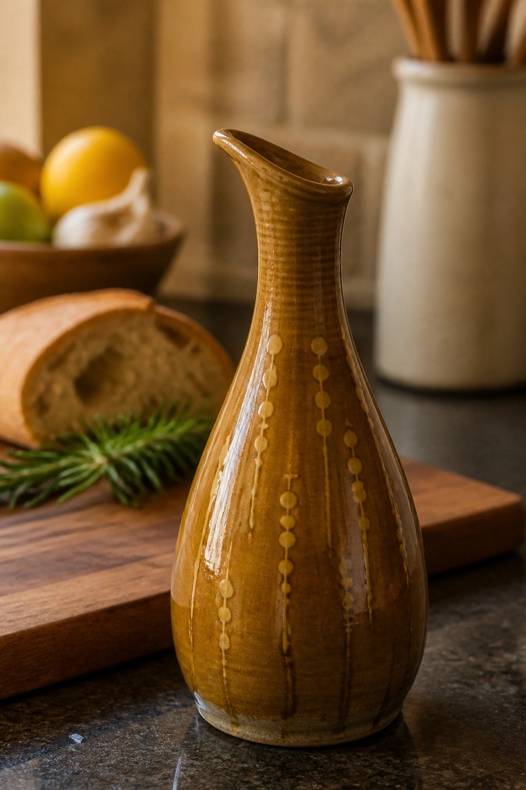 Brown ceramic pitcher with dotted pattern beside bread loaf and rosemary on board