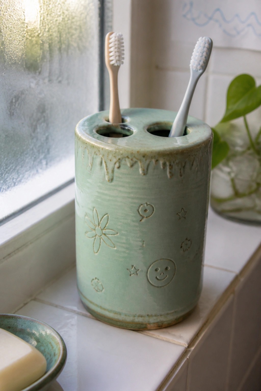 A light green ceramic toothbrush holder with stamped designs sits on a tiled windowsill holding two toothbrushes next to a soap dish.