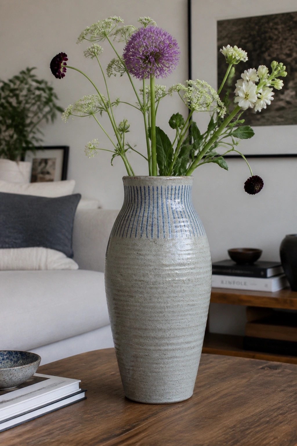 Blue-striped ceramic vase with purple allium and white flowers on wooden table