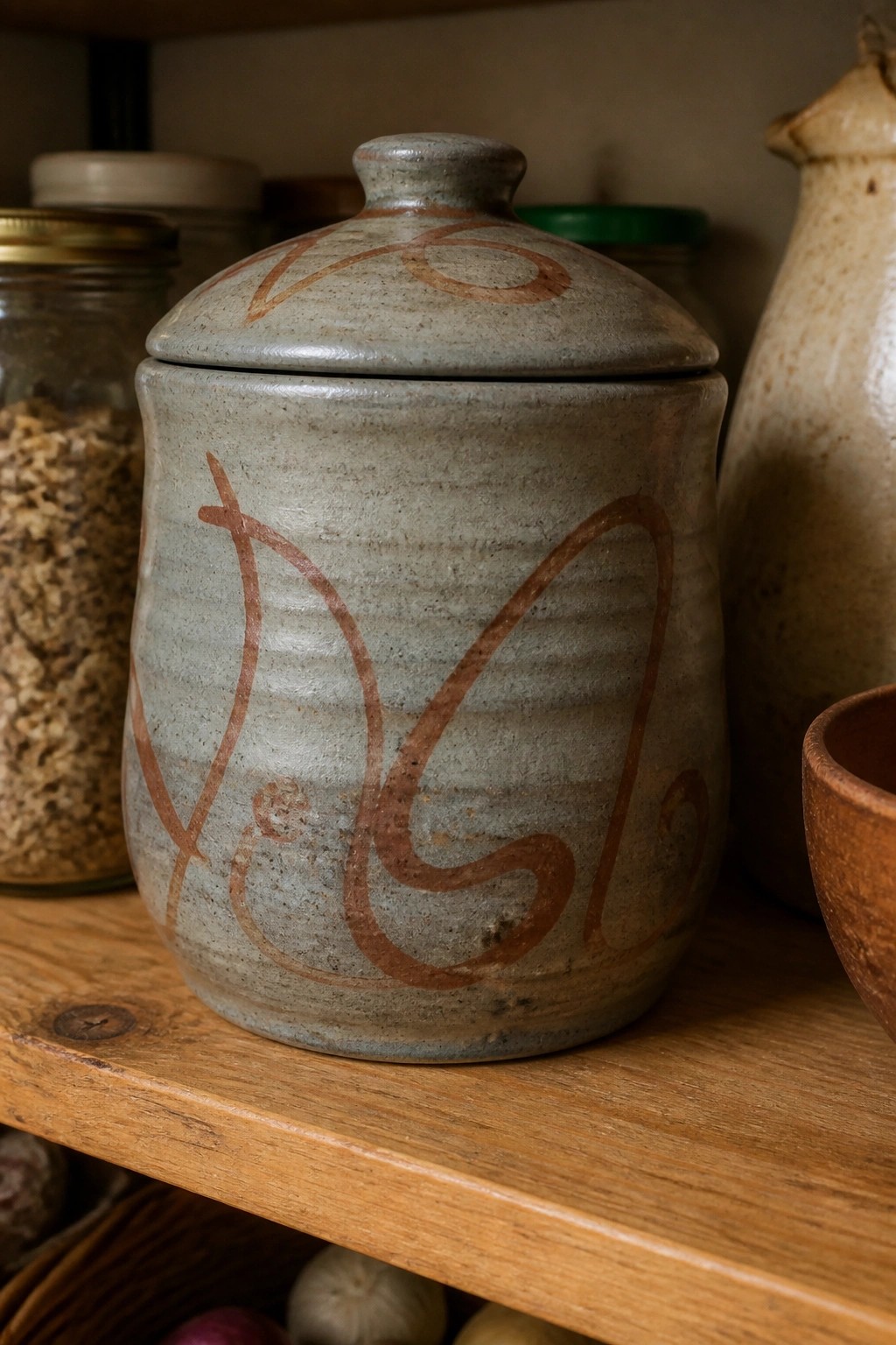 Gray ceramic lidded jar with brown abstract swirls on wooden shelf