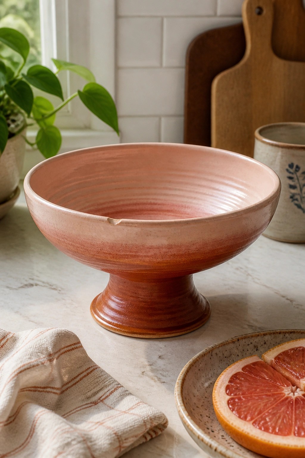 Pink ridged pedestal bowl on marble counter with grapefruit and plant