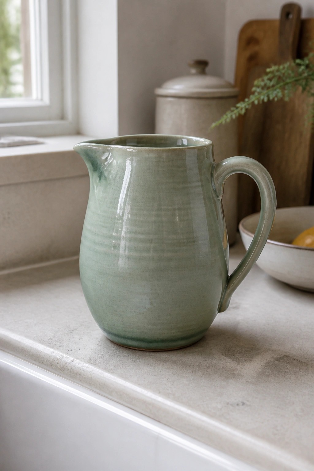 Sage green ceramic pitcher with handle on light marble kitchen counter