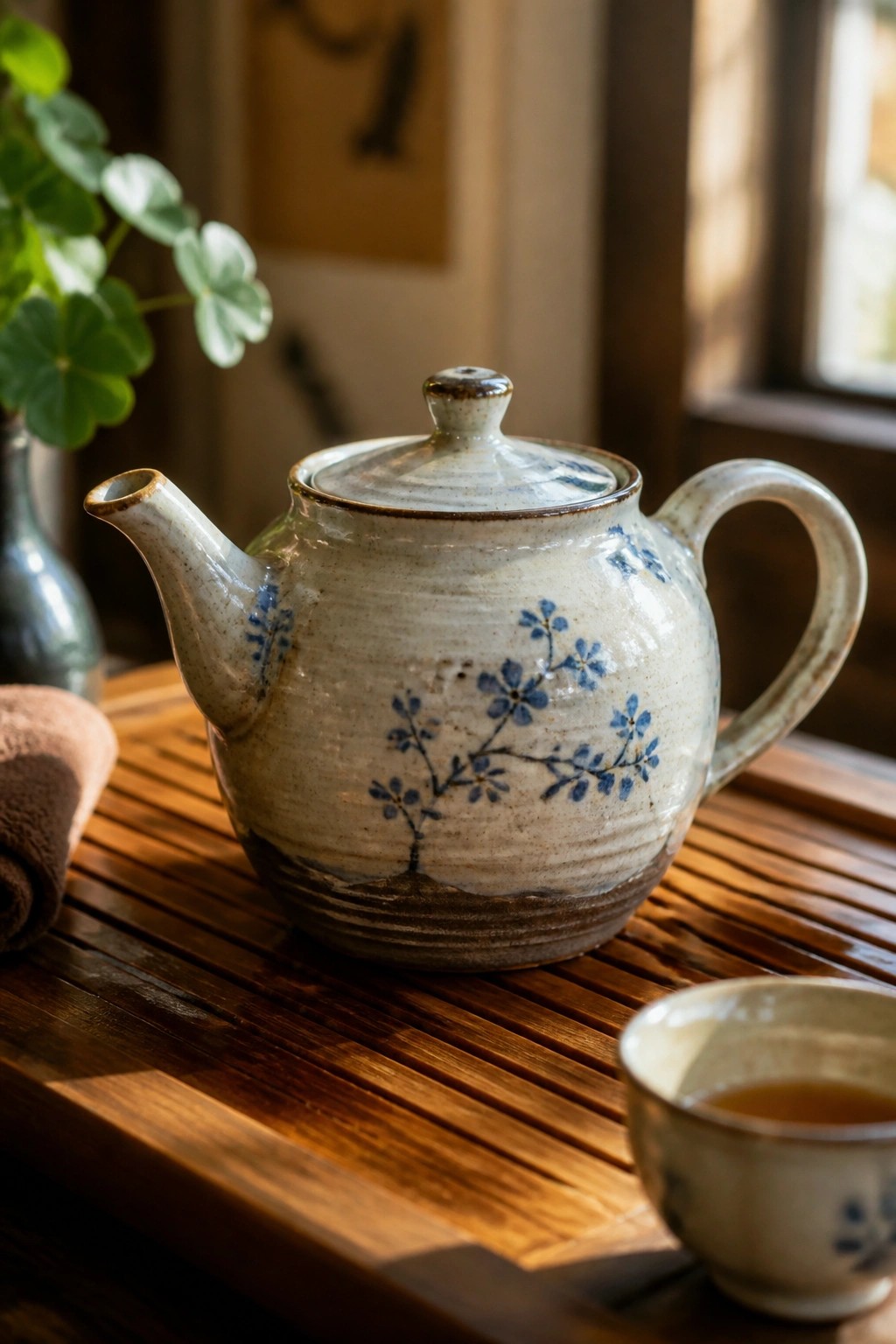 Ceramic teapot with blue flowers on wooden tray beside tea cup and plant.