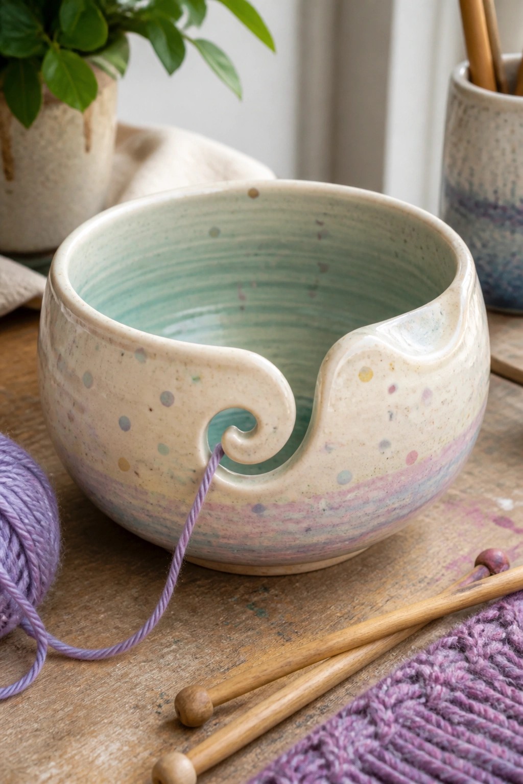 Pastel speckled ceramic yarn bowl with purple yarn and wooden knitting needles