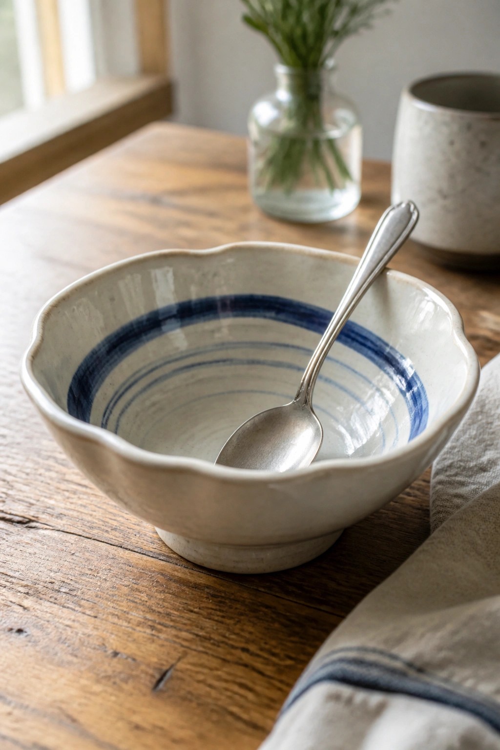 Scalloped white bowl with blue stripes holding a spoon on wooden table