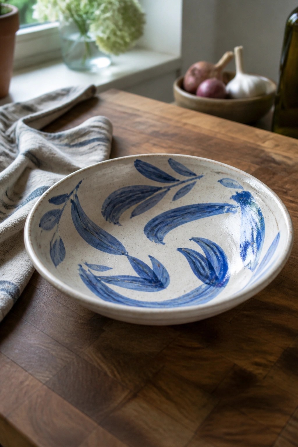White ceramic bowl with blue leaf patterns on wooden table beside linen cloth.