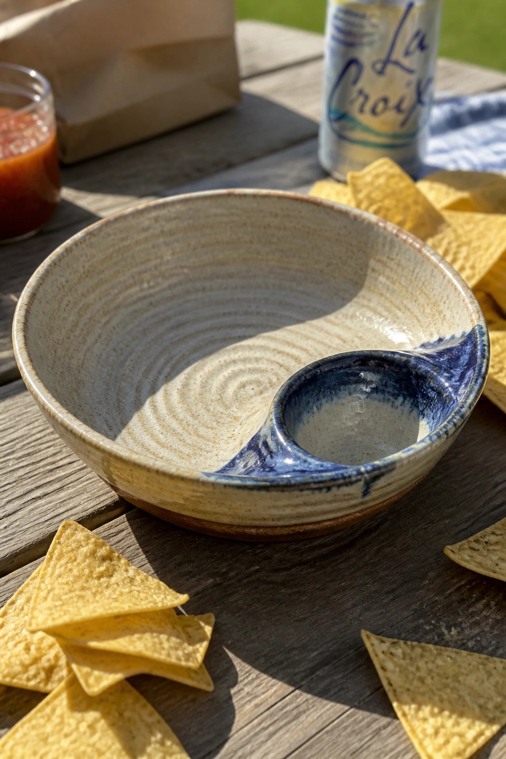 Ceramic chip-and-dip bowl with tortilla chips on wooden outdoor table