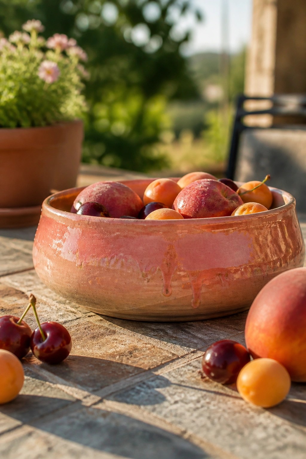 Rustic pink ceramic bowl brimming with ripe plums and apricots on tiled table.