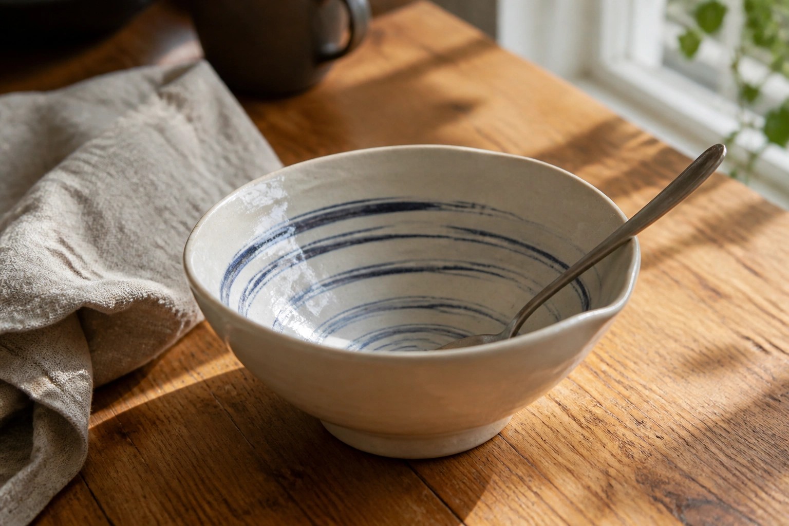 Scalloped white bowl with blue stripes holding a spoon on wooden table