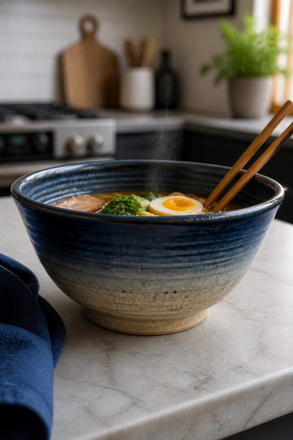 Steaming ramen in blue bowl with egg, greens, and chopsticks on marble counter