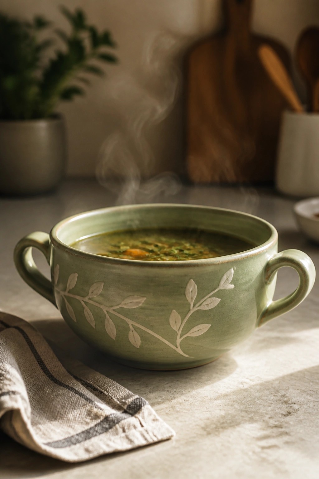 Steaming soup in green ceramic bowl with white leaf design on counter