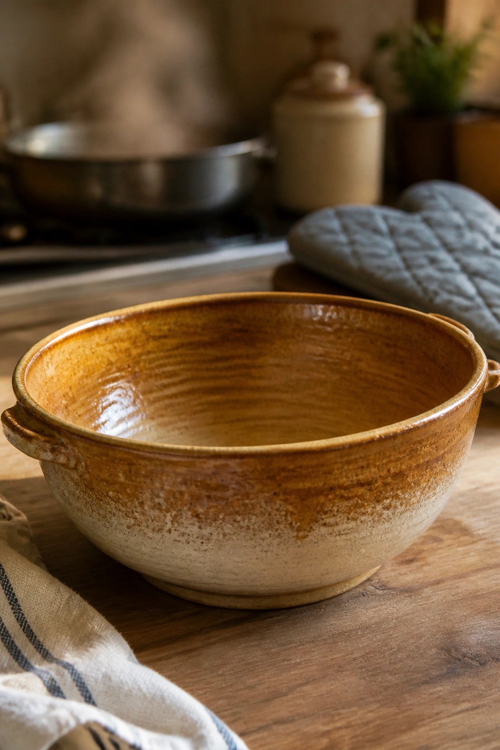 Earthy glazed ceramic bowl with handles on wooden kitchen table beside striped cloth