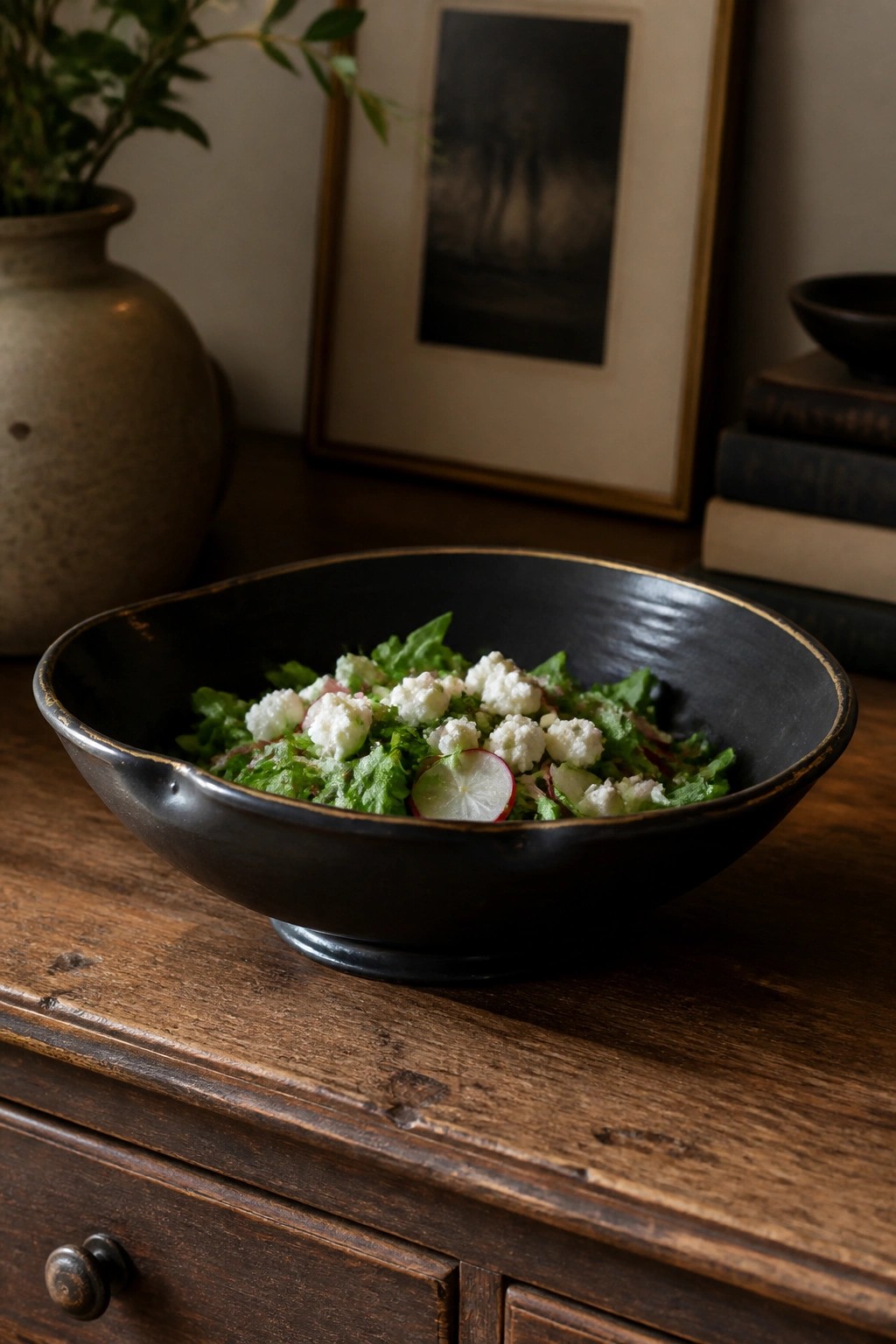 Black bowl with gold rim holding leafy salad and cheese on wooden table