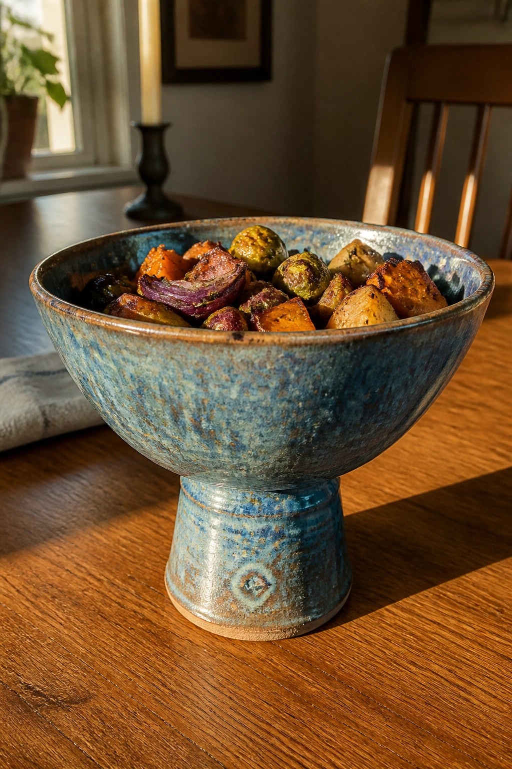 Blue ceramic pedestal bowl of roasted sweet potatoes and Brussels sprouts on wood table.