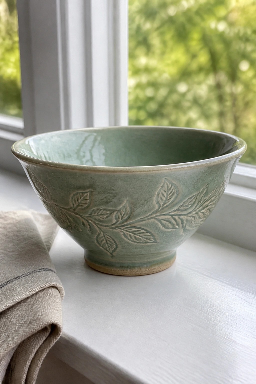 Green ceramic bowl with embossed leaves on white windowsill beside beige napkin