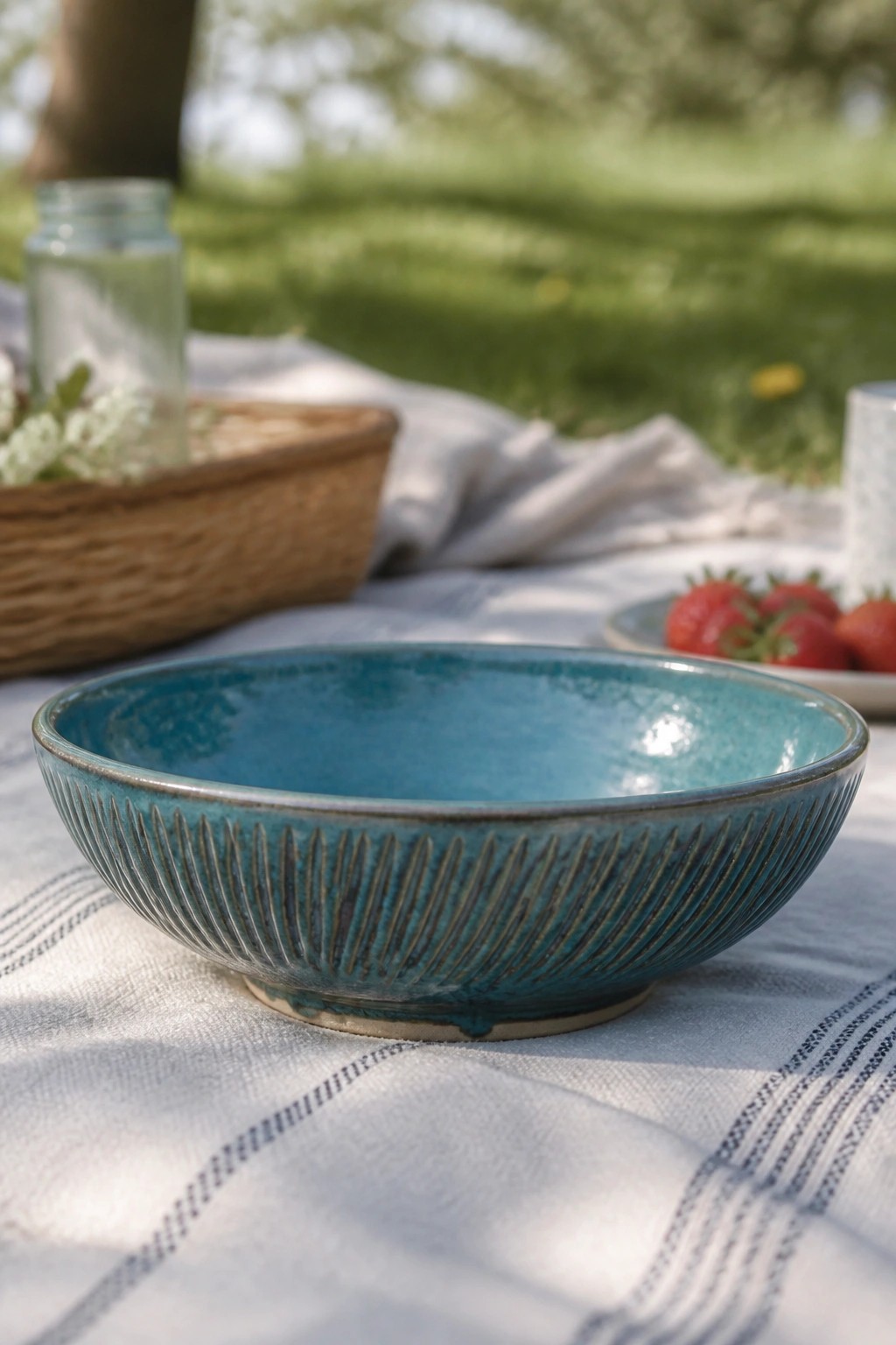 Turquoise ribbed ceramic bowl on striped picnic cloth with strawberries and basket nearby