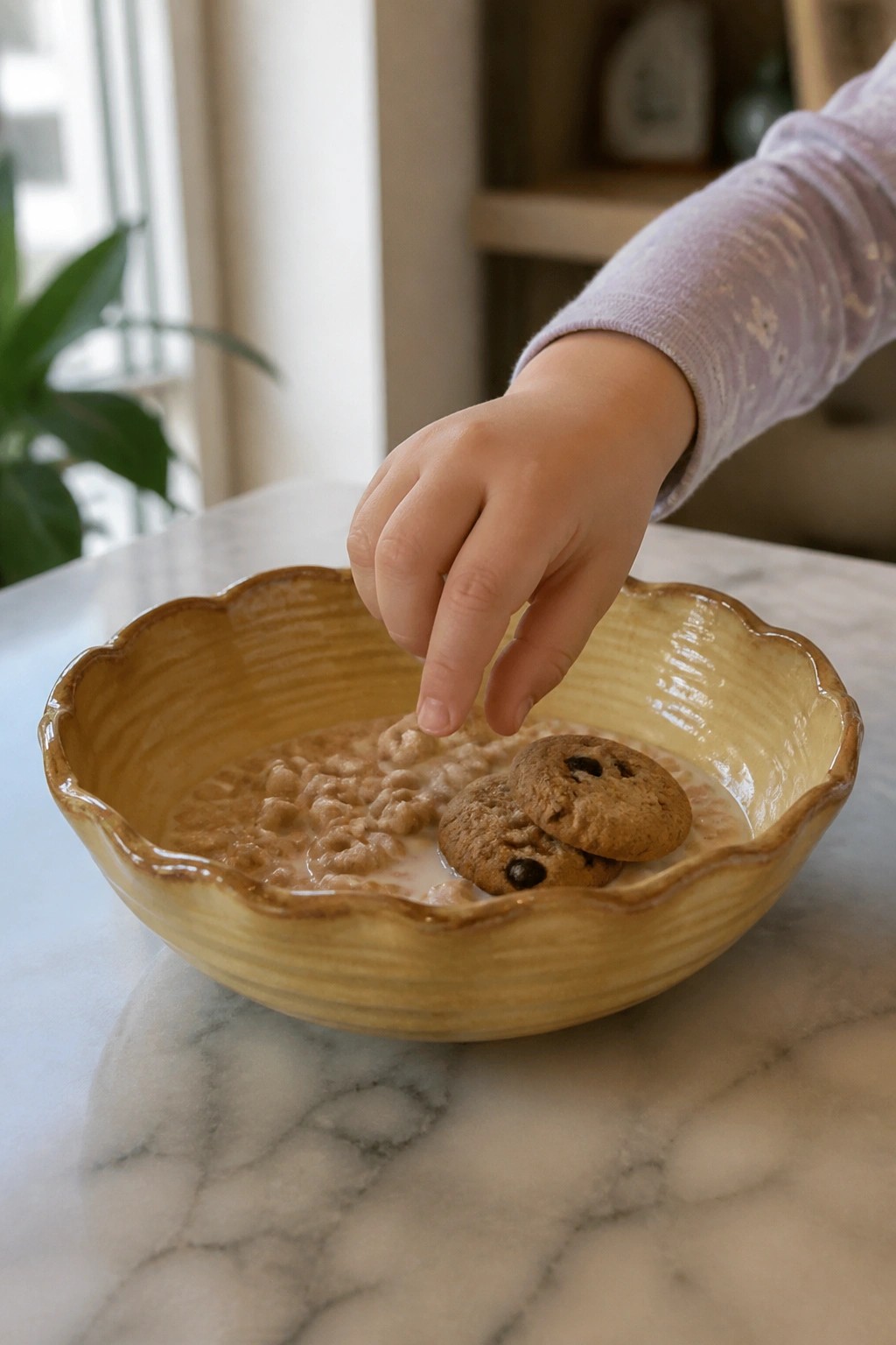 Child's hand in purple sleeve reaching into yellow bowl of cereal and cookies on marble.