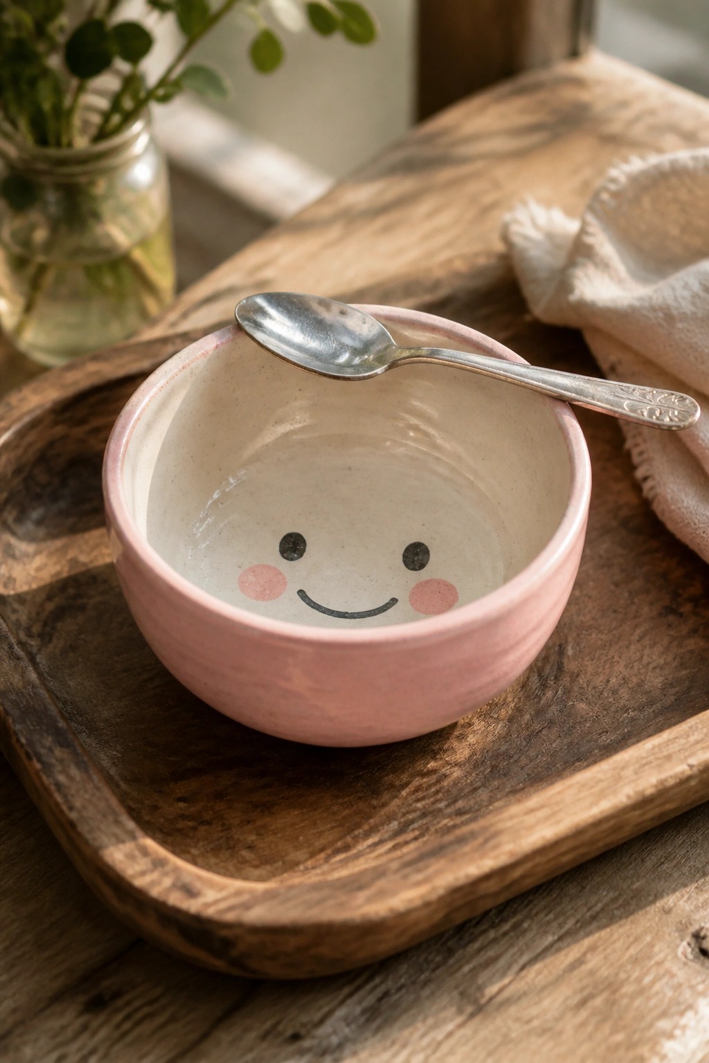 Pink smiley-face bowl with spoon resting on rustic wooden tray