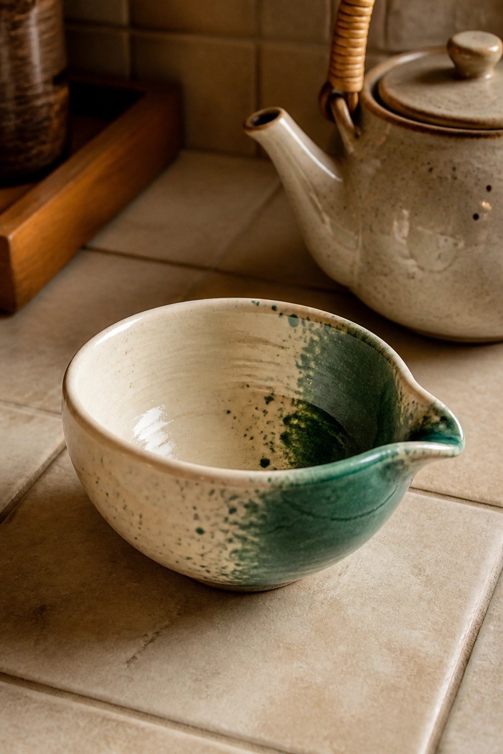 Ceramic pouring bowl with green splashes beside a teapot on tiled counter