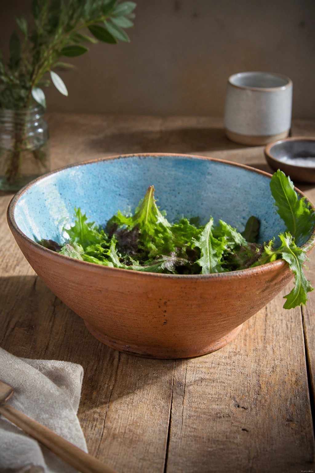 Salad greens in a blue speckled ceramic bowl on a wooden table