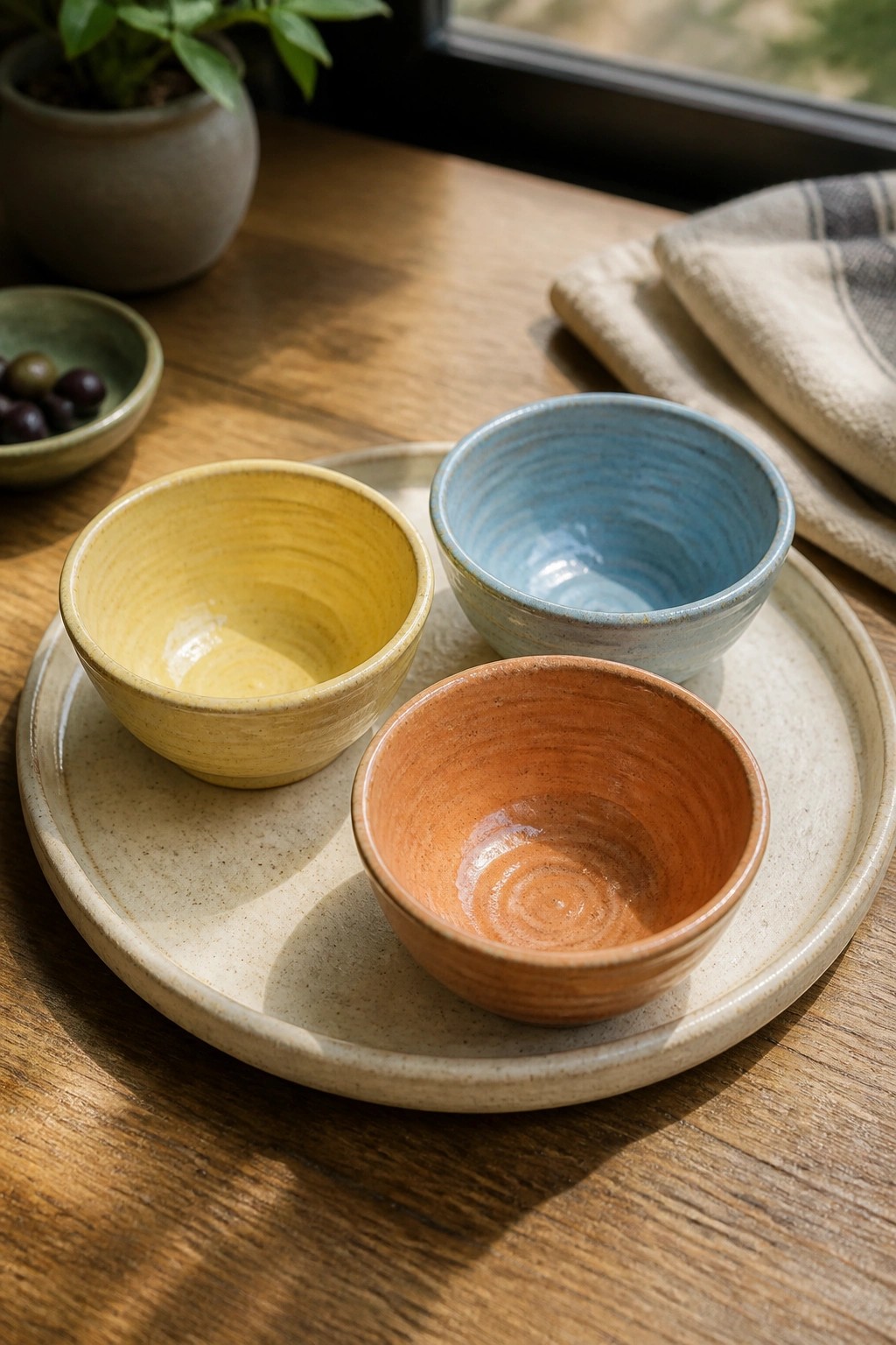 Three small wheel-thrown ceramic bowls in yellow, blue, and orange rest on a larger round tray on a wooden table.