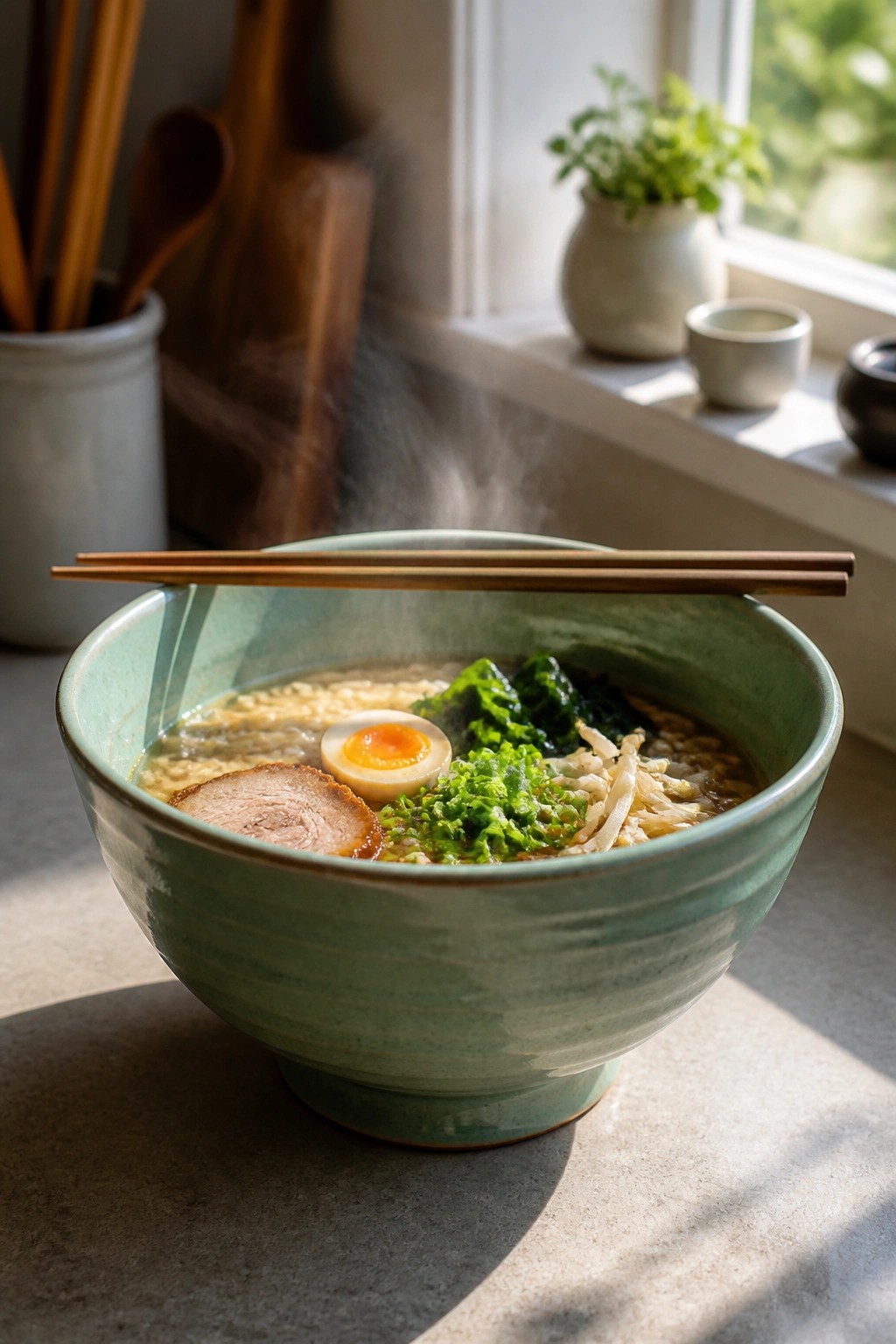Steaming ramen bowl with egg, pork, greens, and chopsticks on sunlit windowsill