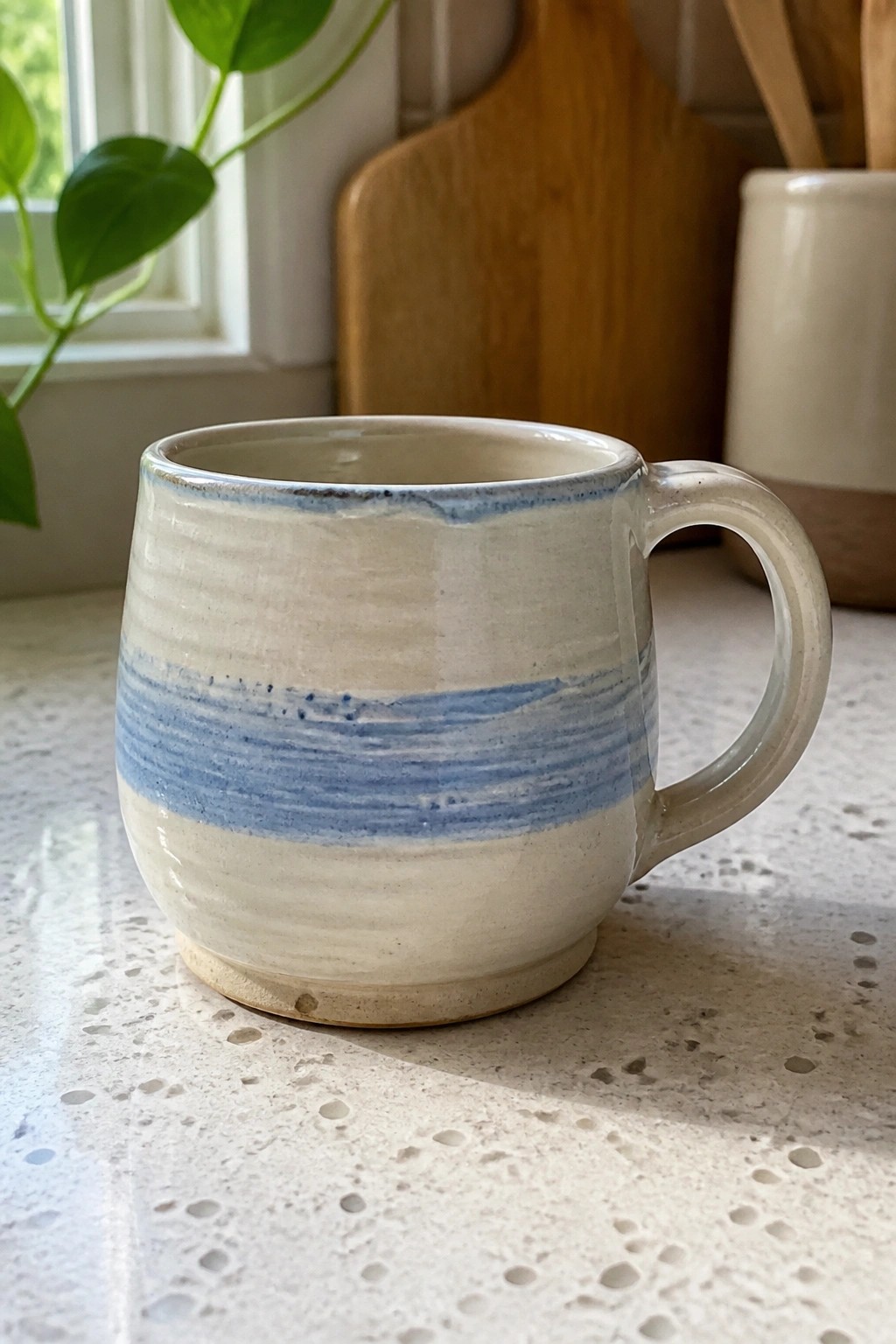 White ceramic mug with blue stripes on speckled kitchen countertop