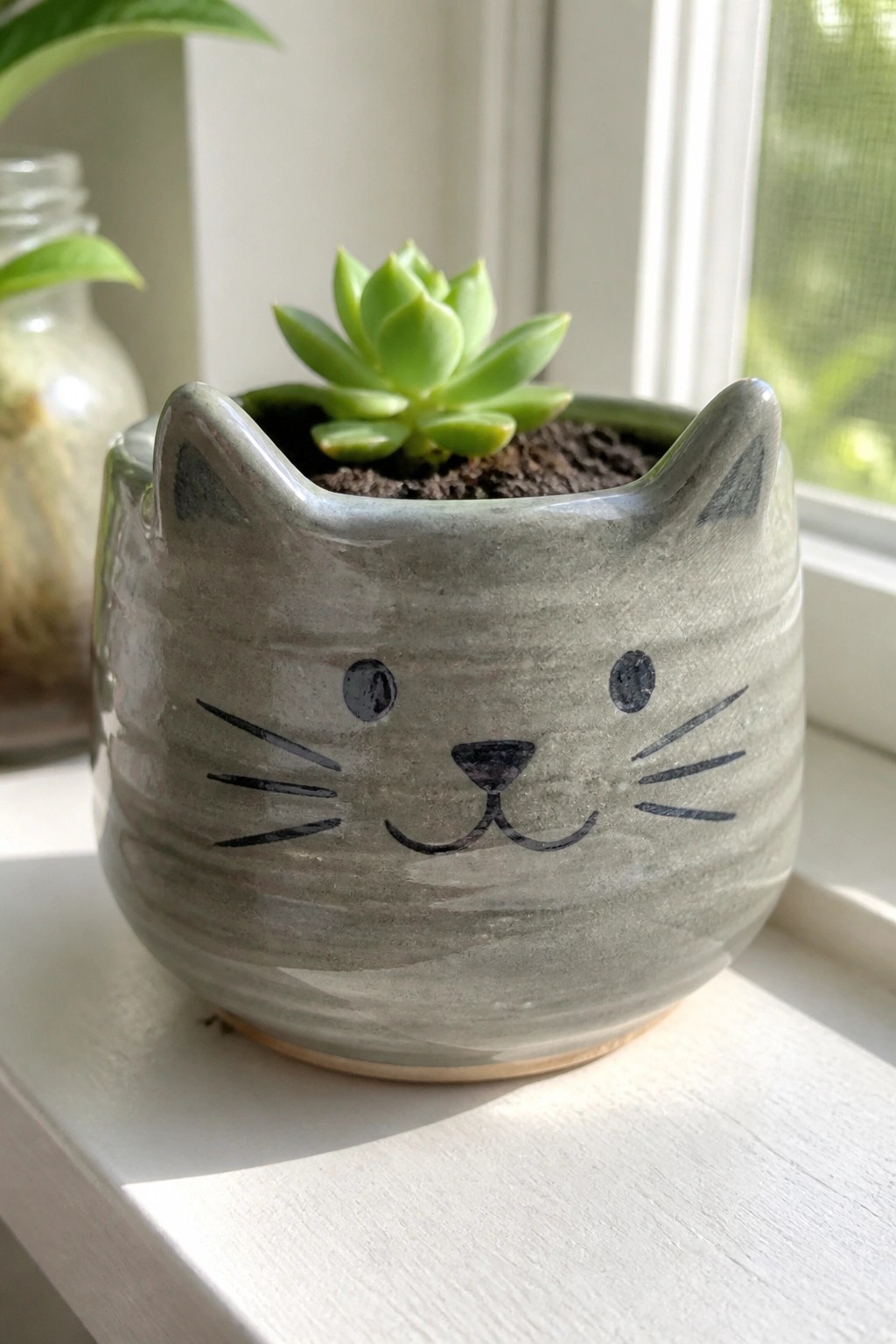 Green succulent in gray ceramic cat-faced planter on sunny windowsill