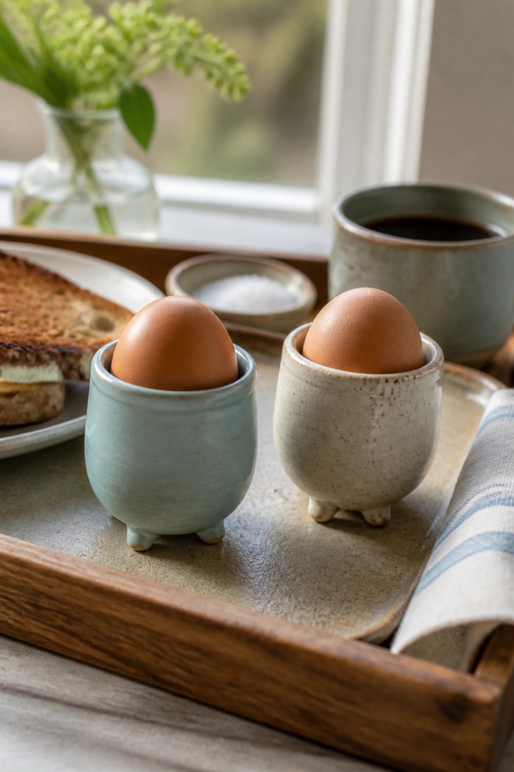 Two brown eggs in footed ceramic cups on wooden tray with coffee and toast