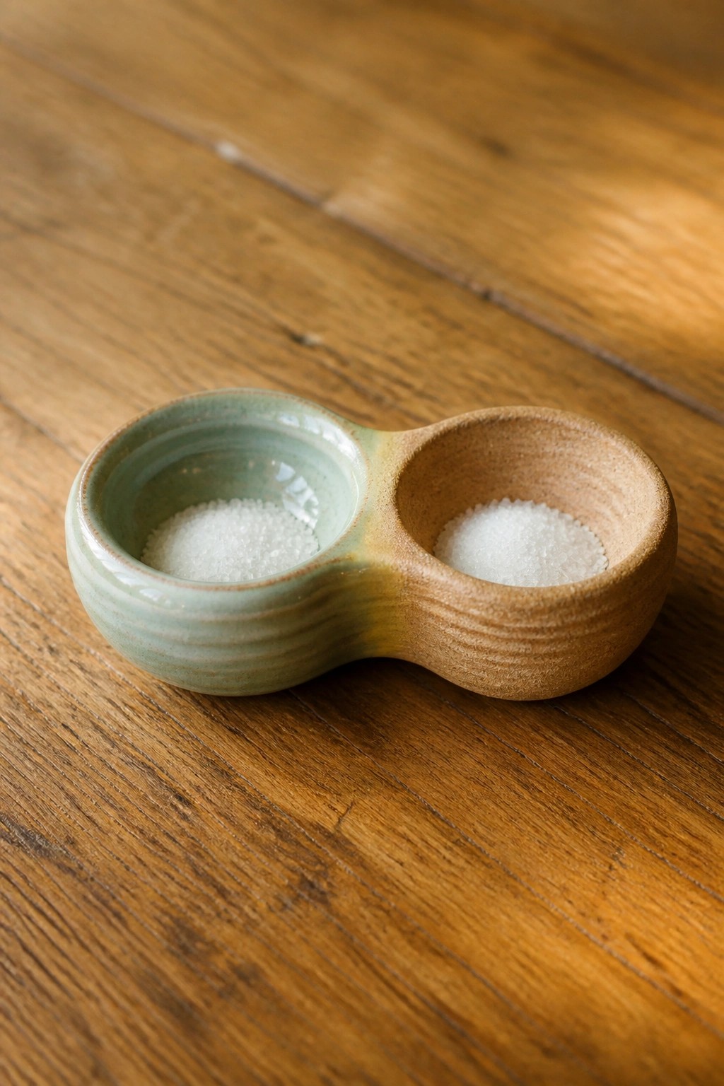 Double ceramic bowl with green glazed and brown unglazed sections holding white crystals on wood