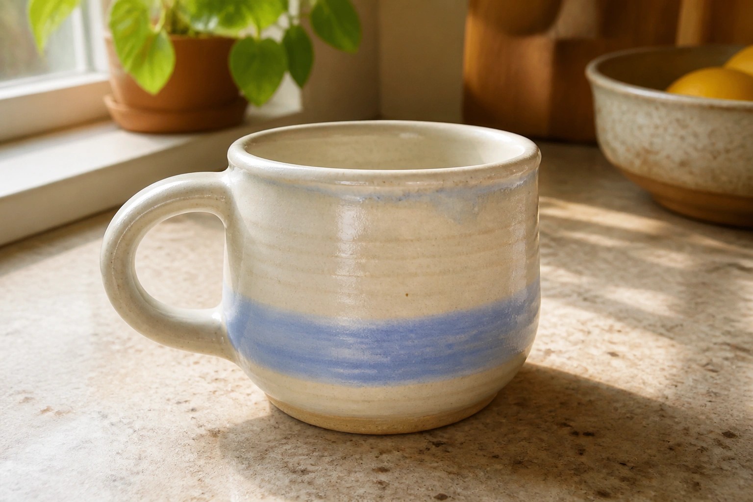 White ceramic mug with blue stripes on speckled kitchen countertop