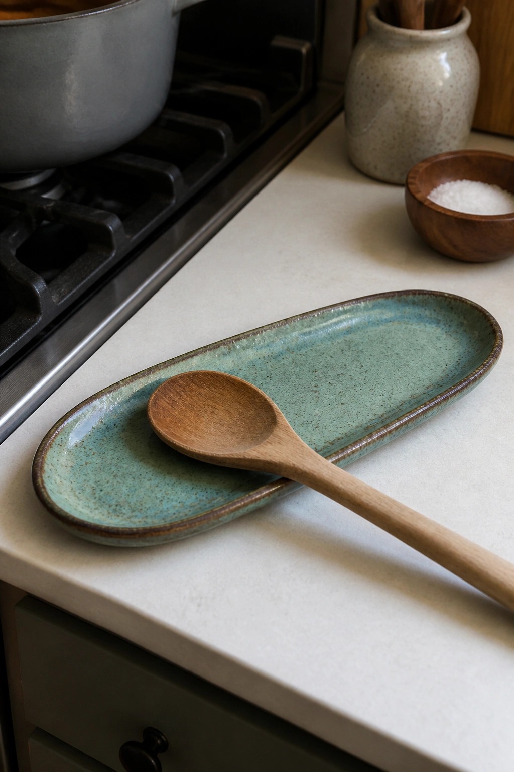 A turquoise speckled ceramic tray holds a wooden spoon on a white kitchen counter next to a stove.