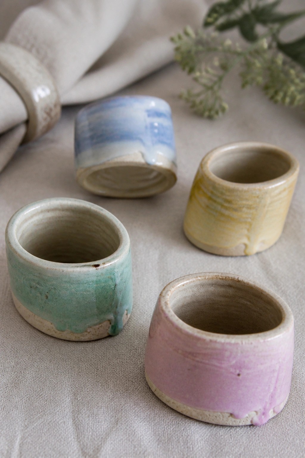 Four colorful ceramic cups glazed blue, yellow, green, and pink on linen.