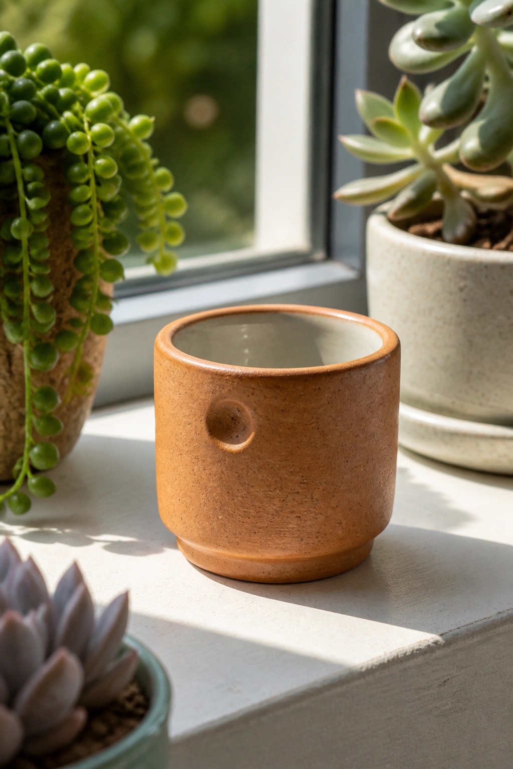 Terracotta pot with side hole on sunny windowsill amid green succulents