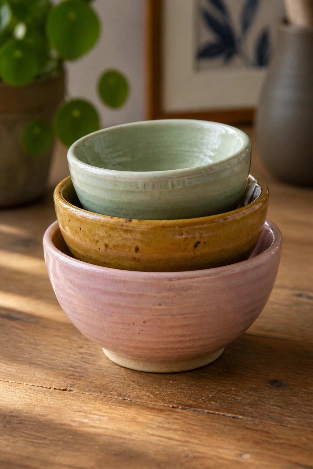 Three stacked ceramic bowls in pink, yellow, and green on wooden table