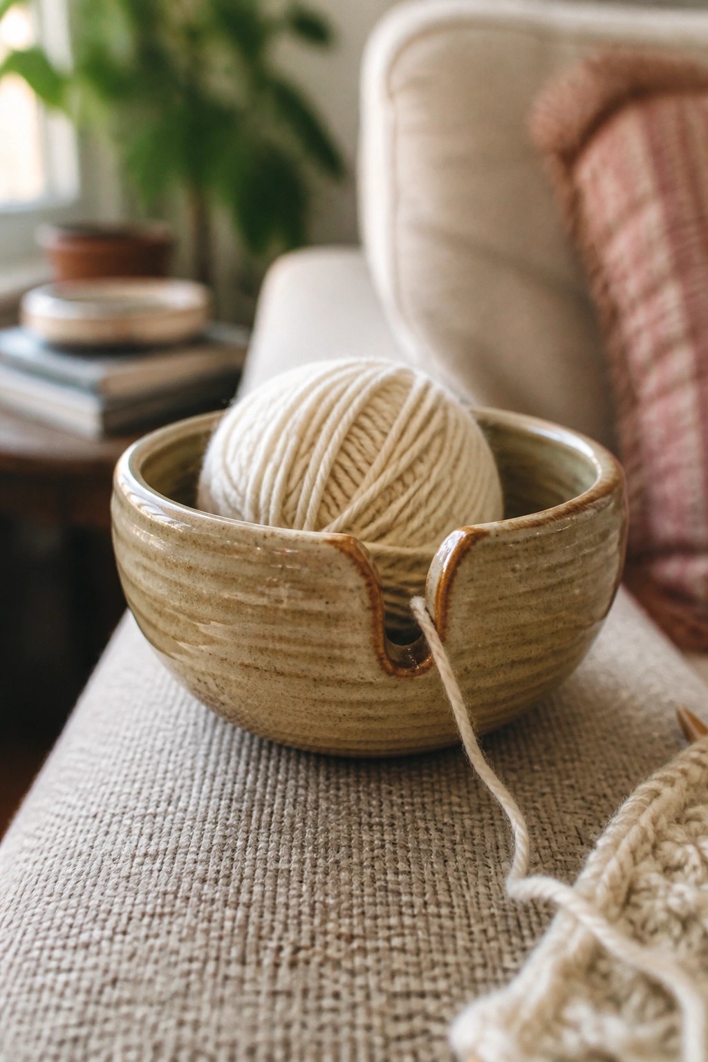 Ceramic yarn bowl with cream yarn on textured fabric beside partial knitting