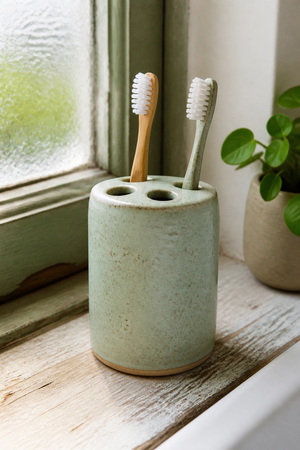 Light green ceramic holder with bamboo and mint toothbrushes on windowsill
