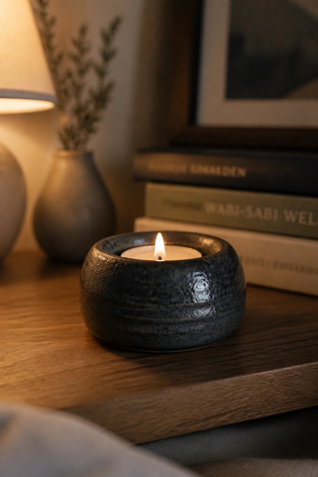 Lit candle in dark textured holder on wooden table beside stacked books